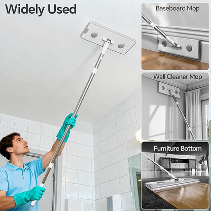 CTIME Large Mop and Bucket Set, Flat Mop and Bucket System, Wall Mop with Adjustable Handle (Max 70.87 Inches), Mops for Floor Cleaning, 6 Washable 15.74'' Microfiber Mop Pads