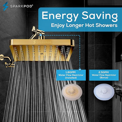 SparkPod Shower Head - High Pressure Rain - Premium Quality Luxury Design - Easy Clean Adjustable Replacement for Your Bathroom Shower Heads (Egyptian Gold, 8 Inch Square)