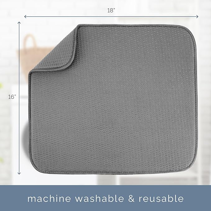 S&T INC. Dish Drying Mat, 16” x 18”, Absorbent Microfiber Kitchen Counter Mat, Drying Pad for Dishes, Utensils, Pots and Pans, Large, Diamond Texture, Grey