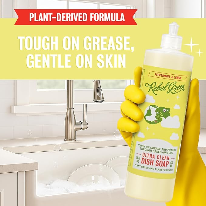 Rebel Green Super Deluxe Dish Soap - Natural Kitchen Dish Detergent - Gentle Dish Liquid Scented with Peppermint & Lemon - (1 Gallon Refill Bottle)