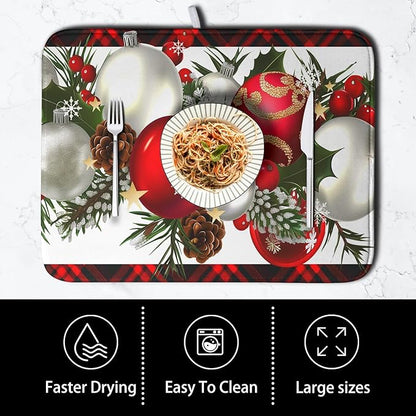 Red Buffalo Plaid Christmas Kitchen Drying Mats for Dishes Xmas Ball Snowflake Pine Cones Dish Drainer Rack Mat Winter Microfibe Absorbent Dish Drying Pad for Home Kitchen Counter Decor 18x24in