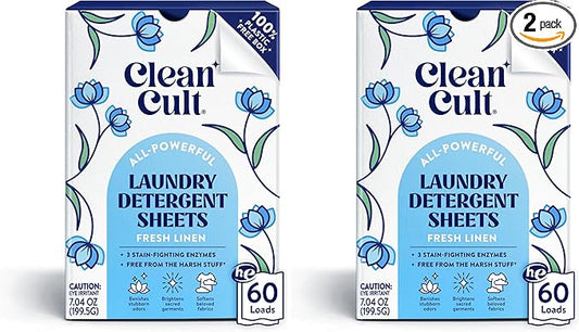 Cleancult Laundry Detergent Sheets - Resealable Box - 3 Stain Fighting Enzymes - Fresh Linen - 60 Loads - Free of Harsh Chemicals - No Mess - No Plastic Waste (Pack of 2)