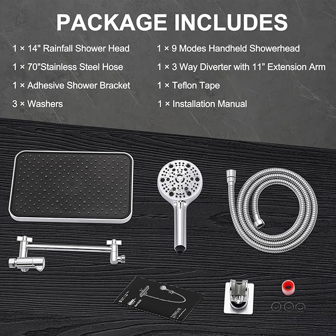 14‘’Large High Pressure Filtered Shower Head Combo-9 Spray Modes Handheld Showerhead with Filters,Dual Shower Heads ，70" Anti-Kink Hose ，11" Adjustable Extension Arm for couple Bathroom