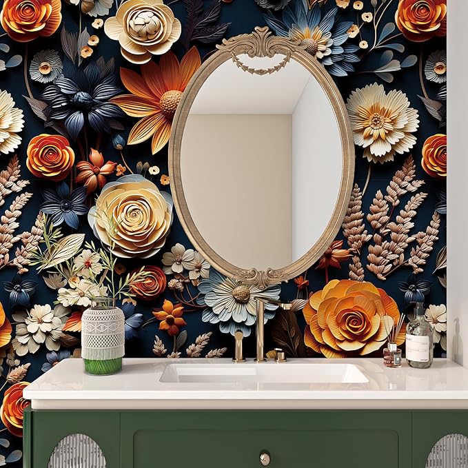 FunStick Dark Blue Floral Wallpaper Peel and Stick Orange Faux 3D Embossed Floral Wall Paper Modern Vinyl Wall Art Decor Removable Navy Blue Beige Daisy Rose Floral Contact Paper for Cabinets Ceiling