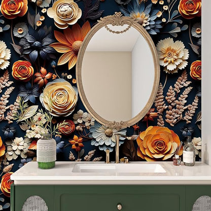 FunStick Dark Blue Floral Wallpaper Peel and Stick Orange Faux 3D Embossed Floral Wall Paper Modern Vinyl Wall Art Decor Removable Navy Blue Beige Daisy Rose Floral Contact Paper for Cabinets Ceiling