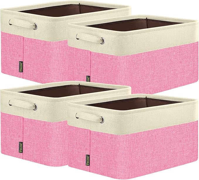 BALEINE 4 Pack Fabric Closet Storage Bins for Shelves, Linen Closet Organizers and Storage, Decorative Baskets for Organizing, Shelf, Clothes, Home, Office (Pink, 17''x13''x10.5'')