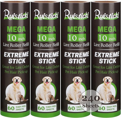 10 inch Lint Roller Refill Compatible with Large Mega 10 in Wide Lint Rollers, Pack of 4 Refills, 60 Sheets per Refill, Total 240 Extreme Stick Sheets