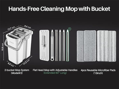 JOYMOOP Mop and Bucket with Wringer Set, Flat Squeeze Mop Flat Head, Dust Mops for Wall Cleaner with Long Handle, Hands-Free Microfiber Mops for Floor Cleaning - White