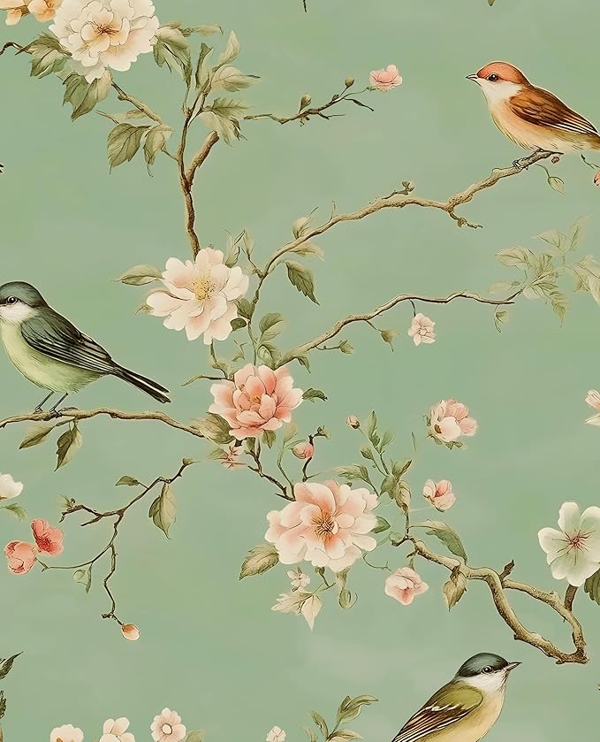 Laatse Green Floral Wallpaper Peel and Stick Bird Wallpaper Pink Flower Contact Paper 17.5" × 118" Waterproof Vinyl Self Adhesive Vintage Wall Paper for Bedroom Walls Cabinet Locker Decor