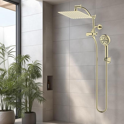 Hibbent All Metal cUPC Certified Shower Head, 10'' High Pressure Rain Shower Head, Handheld Showerhead Combo with 16'' Adjustable Extension Arm, 10 Sprays, 71'' Hose, Shower Holder, Polished Brass