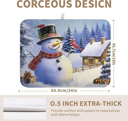 Christmas Snowman Kitchen Drying Mat - Winter Snow Cardinals Pine Trees Dish Drainer - Large Microfiber Absorbent Fast Drying Pad for Kitchen Countertop 1824