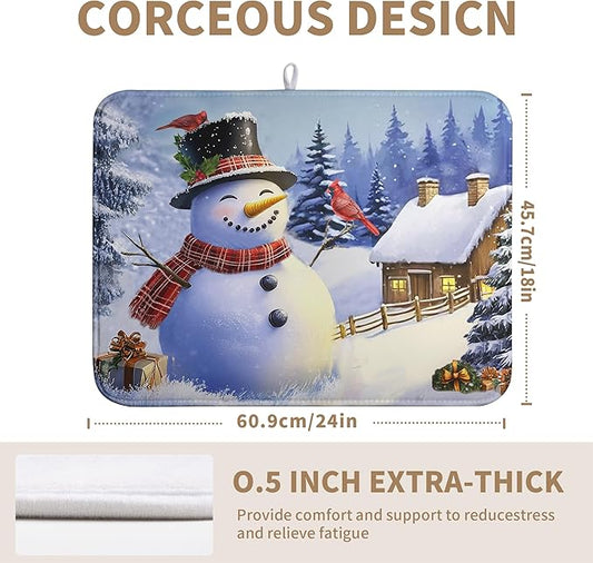 Christmas Snowman Kitchen Drying Mat - Winter Snow Cardinals Pine Trees Dish Drainer - Large Microfiber Absorbent Fast Drying Pad for Kitchen Countertop 1824