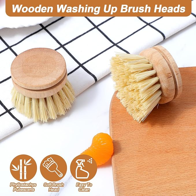 12 Pcs Bamboo Dish Brush Replacement Heads, Natural Sisal Bristle Refills, Eco Friendly Compostable Scrubber Heads for Cleaning Kitchen Utensils