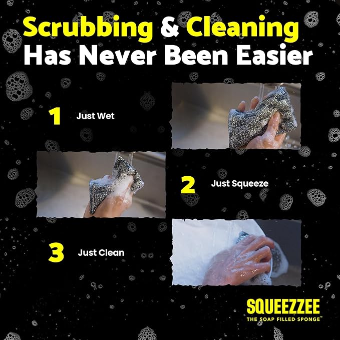 Squeezzee Soap Filled Scrubber Sponges - Non Scratch Scrubbing Sponge with Built-In Dishwashing Liquid Dish Soap - Double Sided Kitchen & Household Cleaning Scrubbers - Up to 300 Washes Per Sponge - 4