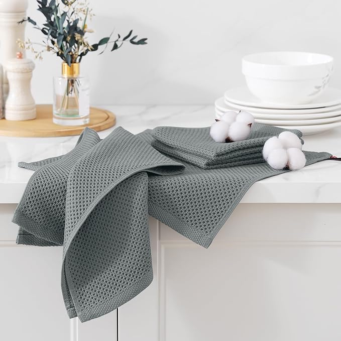 Kitinjoy 100% Cotton Kitchen Dish Cloths (12 X 12 Inches, Grey), 6 Pack Waffle Weave Ultra Soft Absorbent Dish Towels for Drying Dishes Quick Drying Kitchen Towels Dish Rags