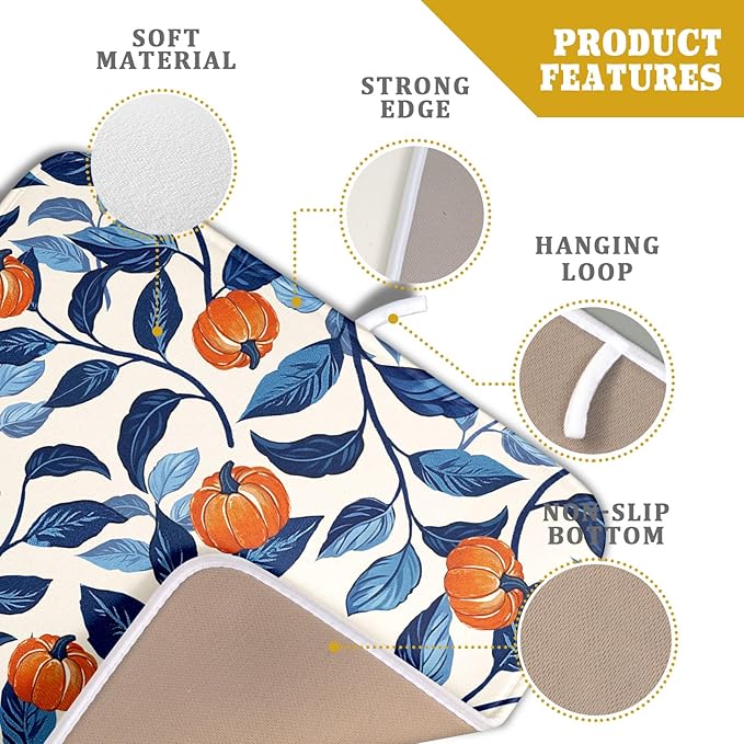 Autumn Pumpkin Dish Drying Mat for Kitchen Counter 16x18 Inch Blue and Orange Fall Thanksgiving Leaf Absorbent Reversible Microfiber Dish Drainer Rack Mats Countertops Protector Mat
