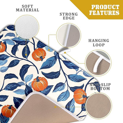 Autumn Pumpkin Dish Drying Mat for Kitchen Counter 16x18 Inch Blue and Orange Fall Thanksgiving Leaf Absorbent Reversible Microfiber Dish Drainer Rack Mats Countertops Protector Mat