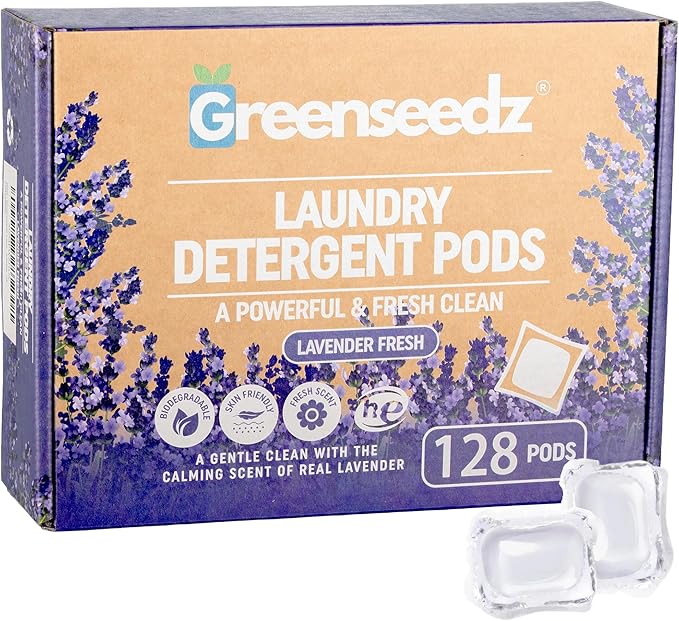 Greenseedz Laundry Pods, Fresh Lavender Scent, 128 Packs, Eco Friendly, Powerful Clean, Biodegradable, HE Compatible