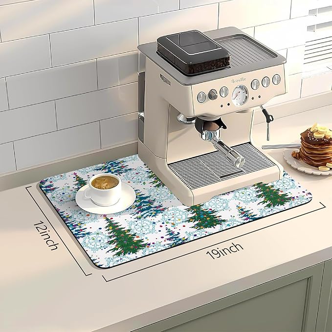Bloss Christmas Dish Drying Mat, 19x12 Inch Coffee Mat with Christmas Tree + Snowflakes Printed, Drying Matt Kitchen Counter / Bar Mat