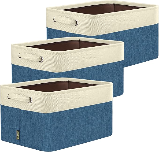 BALEINE 3 Pack Fabric Closet Storage Bins for Shelves, Linen Closet Organizers and Storage, Decorative Baskets for Organizing, Shelf, Clothes, Home, Office (Navy Blue, 14''x10''x8.5'')