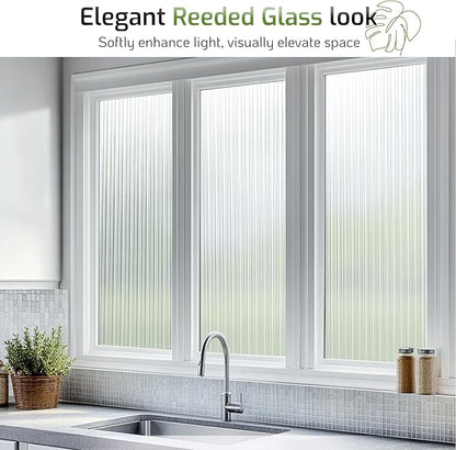 LUTE Reeded Glass Window Privacy Film, Frosted Glass Film, Removable 3D Decorative Decals Sun Blocking Anti UV Door Window Cover, No Glue Static Cling Vinyl for Bathroom Home Office, 23.6" x 157.4"