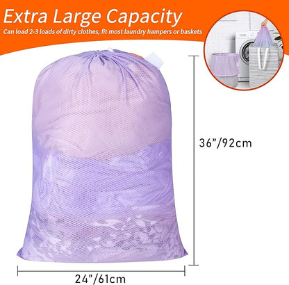Polecasa Heavy Duty Diamond Large Mesh Laundry Bag with ID Tag and Locking Drawstring Closure - 24 x 36 inches - Laundry Hamper Liner, Washable Laundry Bags for Travel, Sports, Dorms (Purple)