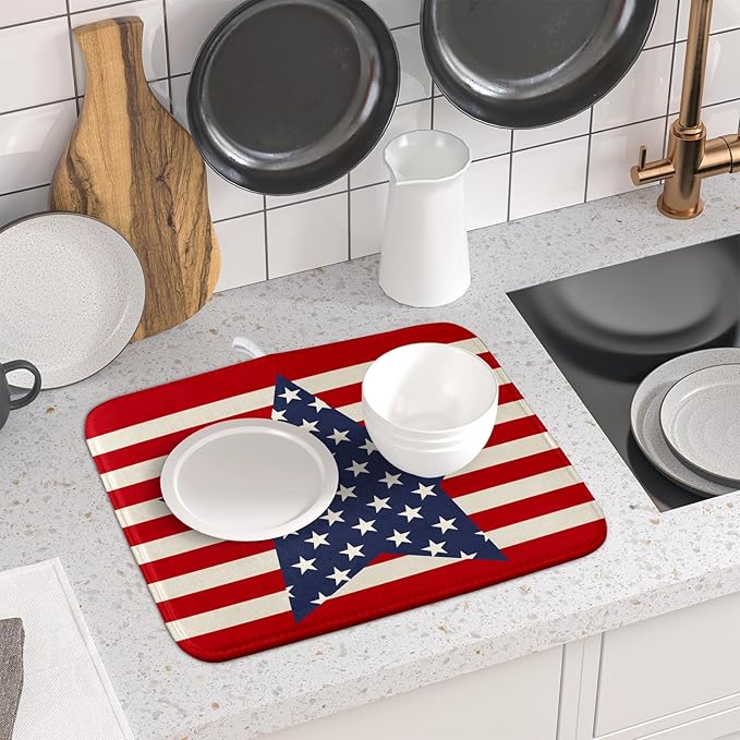 Blue Star Patriotic July of 4th Dish Drying Mat for Kitchen Counter 16x18 Independence Day Red Striped Absorbent Reversible Microfiber Drying Mats Kitchen Countertop Protector Dishes Drainer Rack Pad