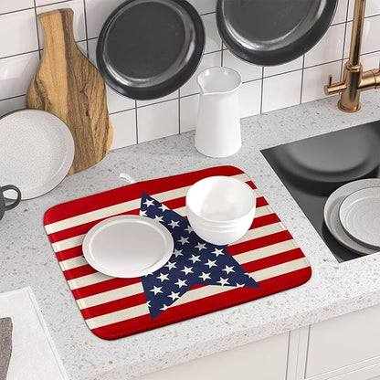 Blue Star Patriotic July of 4th Dish Drying Mat for Kitchen Counter 16x18 Independence Day Red Striped Absorbent Reversible Microfiber Drying Mats Kitchen Countertop Protector Dishes Drainer Rack Pad