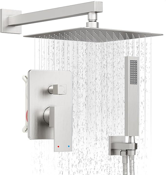 Shower System, Brushed Nickel Shower Faucet Set with 12-Inch Rain Showerhead and Handheld Spray, Wall Mounted High-Pressure Showerhead Combo Set Included Valve and Trim, Brushed Nickel
