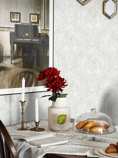 Ismoon Floral Peel and Stick Wallpaper Grey Contact Paper Boho Watercolor Damask Wallpaper Vintage Textured Removable Self Adhesive Vinyl Wall Paper Renter Friendly, 17.3inX49ft