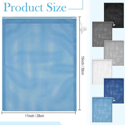 Frienda 6 Pieces Mesh Stuff Sack, 11 x 15 Inch Durable Nylon Drawstring Laundry Bag for Rinsing Beach Toys, Seashell Collecting, Mesh Bags for Travel(Base Color)