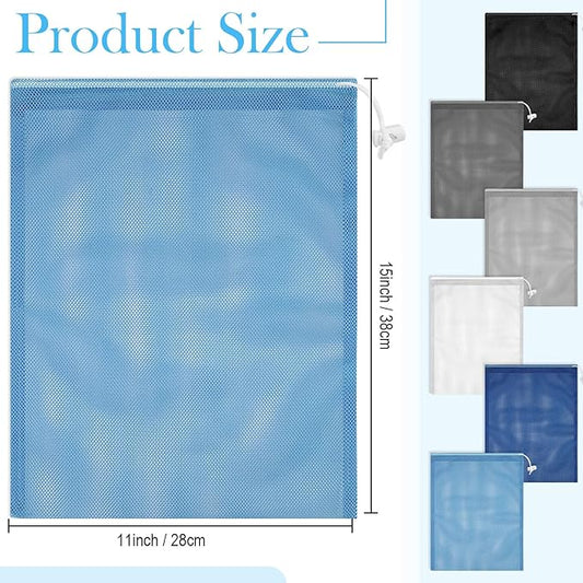 Frienda 6 Pieces Mesh Stuff Sack, 11 x 15 Inch Durable Nylon Drawstring Laundry Bag for Rinsing Beach Toys, Seashell Collecting, Mesh Bags for Travel(Base Color)