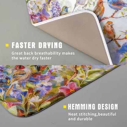 Spring Bird Dish Drying Mats for Kitchen Counter Floral Small Dish Drying Pad Season Decor