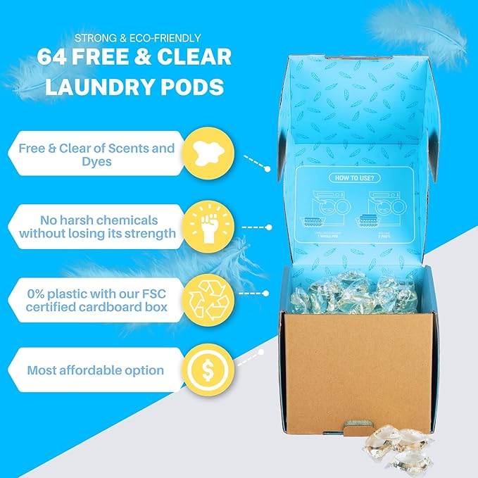 Laundry Detergent Pods Free & Clear, Unscented, 64 Count, Eco Friendly, Biodegradable, HE Compatible, Powerful Stain & Odor Removal
