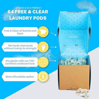Laundry Detergent Pods Free & Clear, Unscented, 64 Count, Eco Friendly, Biodegradable, HE Compatible, Powerful Stain & Odor Removal