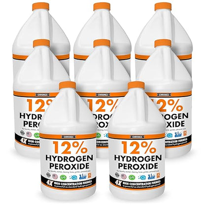 Hydrogen Peroxide 12 Percent Food Grade, 4X Power Concentrated Solution, Versatile Uses Include Topical Care, Home, Kitchen, Bath Cleaner, Laundry, Whitening, 8 Gallons