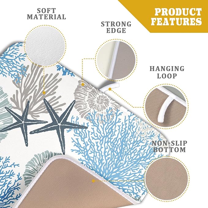 Coastal Blue Gray Dish Drying Pad 16 x 18 Inch With Absorbent Reversible Microfiber Starfish Seashell Coral Nautical Summer Drying Mats Dish Drainer Mat Fast Dry For Kitchen Dining Room Decoration