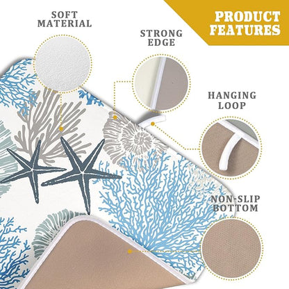 Coastal Blue Gray Dish Drying Pad 16 x 18 Inch With Absorbent Reversible Microfiber Starfish Seashell Coral Nautical Summer Drying Mats Dish Drainer Mat Fast Dry For Kitchen Dining Room Decoration