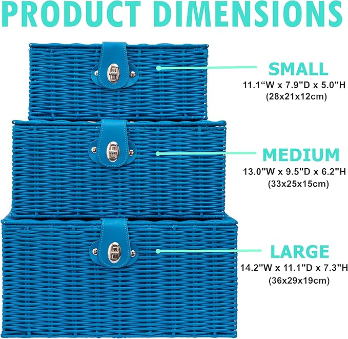 Set of 3 Woven Wicker Storage Basket Box with Lids & Lock, Built-in Carry Handles, Multifunctional Storage Organizer for Nursery, Baby, Clothes, Toys, Books, Large/Medium/Small Size (Blue)