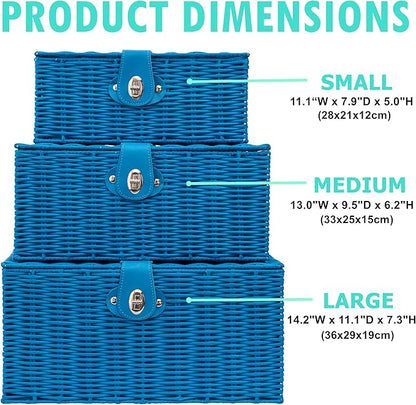 Set of 3 Woven Wicker Storage Basket Box with Lids & Lock, Built-in Carry Handles, Multifunctional Storage Organizer for Nursery, Baby, Clothes, Toys, Books, Large/Medium/Small Size (Blue)