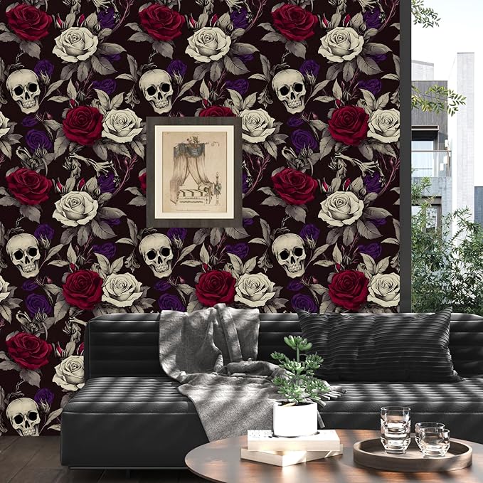 Skull Wallpaper Peel and Stick, Gothic Dark Purple/Red Rose Floral Contact Paper, Vintage Botanical Wall Paper Self Adhesive Removable Waterproof for Bedroom Shelves Cabinet Drawer Table 17.5" x 118"