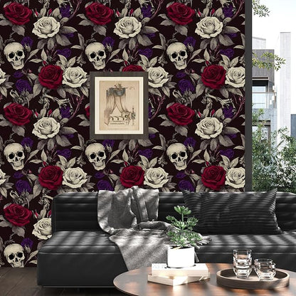 Skull Wallpaper Peel and Stick, Gothic Dark Purple/Red Rose Floral Contact Paper, Vintage Botanical Wall Paper Self Adhesive Removable Waterproof for Bedroom Shelves Cabinet Drawer Table 17.5" x 118"