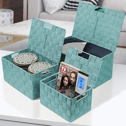 Sorbus Set of 3 Hand-Woven Storage Baskets with Lids – Decorative Wicker Organizers for Home, Closet, or Shelves (Aqua)