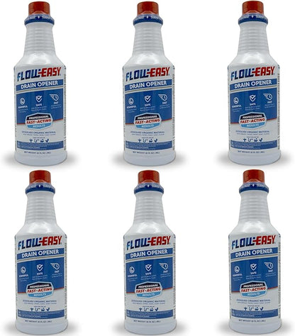 Flow-Easy Professional Virgin Sulfuric Acid Drain Opener – 6 Pack (32oz Bottles) – Fast-Acting Liquid Clog Remover for Grease, Hair, & Soap Scum – Septic Safe & Industrial Strength