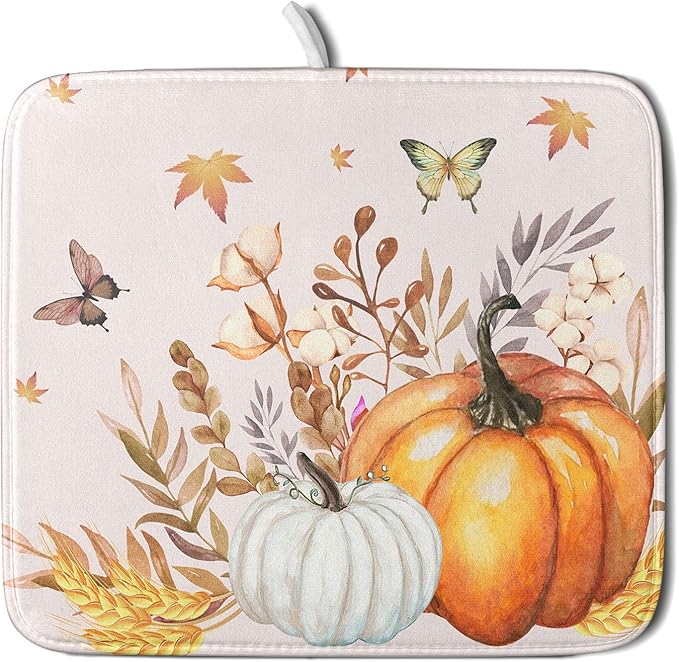 Fall Pumpkin Maple Dish Drying Mat for Kitchen Counter,Autumn Butterflies Harvest Drying Mat 16 x 18 Inch with Absorbent Reversible Microfiber Dish Drying Pad Dish Rack Drainer Mat for Coffee Bar