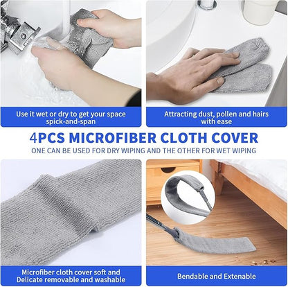 Retractable Gap Dust Cleaner, Extendable Gap Duster with 4 Microfiber Dusting Cloths Long, Under Appliances Cleaning Tools with Extendable Pole,Under Refrigerator, Furniture, High Ceiling