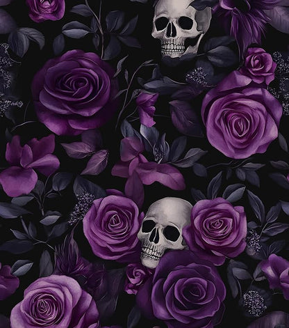 Purple Floral Wallpaper Peel and Stick, Dark Skull Contact Paper 17.5" x 118", Black Vintage Gothic Rose Flowers Wall Paper Self Adhesive Waterproof Removable for Bathroom Cabinet Drawer Table Decor