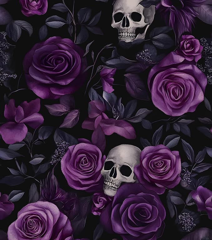 Black Purple Wallpaper Peel and Stick, Dark Floral Skull Contact Paper 17.5" x 393.7", Vintage Rose Gothic Flowers Wall Paper Self Adhesive Waterproof Removable for Bathroom Cabinet Drawer Table Decor