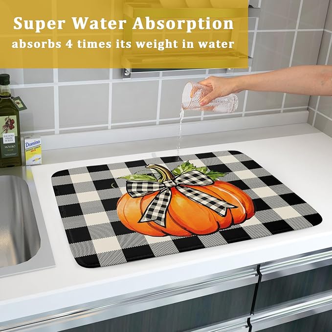 Fall Thanksgiving Pumpkin Dish Drying Mat for Kitchen Counter 18x24 Autumn Buffalo Plaid Bowknot Print Absorbent Reversible Microfiber Drying Mats Kitchen Countertop Protector Dishes Drainer Pad