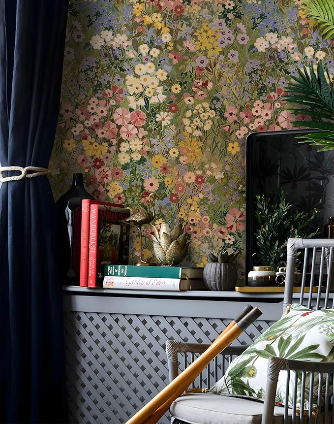 Floral Wallpaper Peel and Stick Boho Wall Paper Removable Waterproof Green Petal Pattern Contact Paper for Bedroom, Bathroom, Home Wall 17.3" x 236.3"